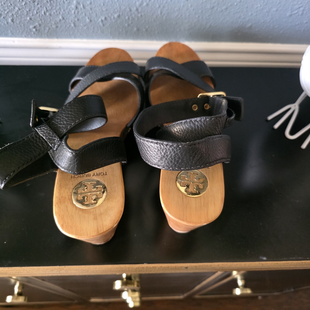Tory Burch Black Leather Wood Platform Sandles 10.5 Medium - Picture 5 of 8